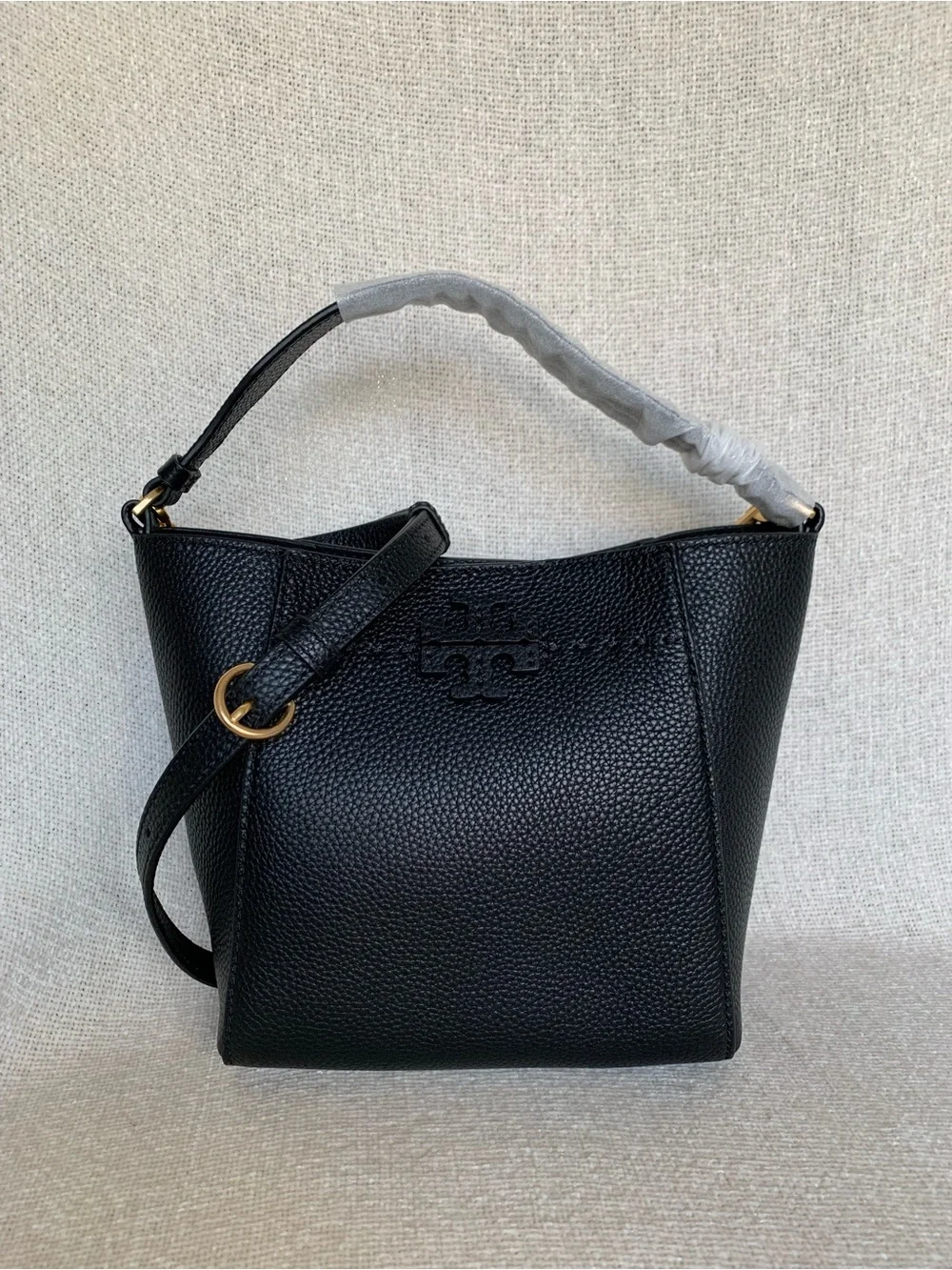 Tory Burch Mcgraw Black Pebbled Leather Small Bucket Tote Bag + Bi-fold Wallet